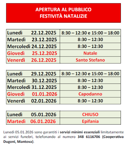 Orari di apertura al pubblico in occasione delle festività natalizie 