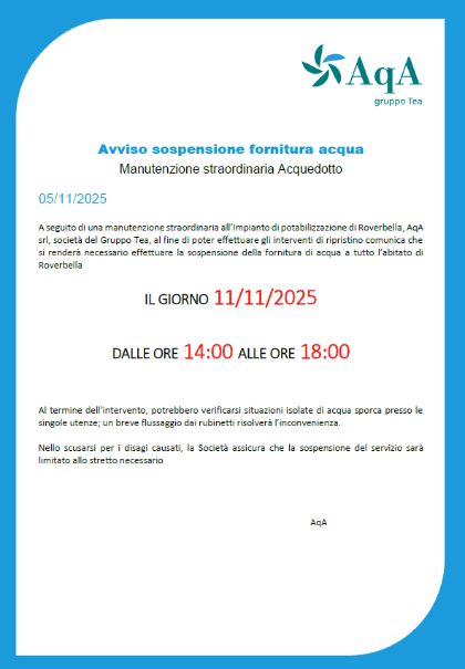 AVVISO SOSPENSIONE FORNITURA ACQUA